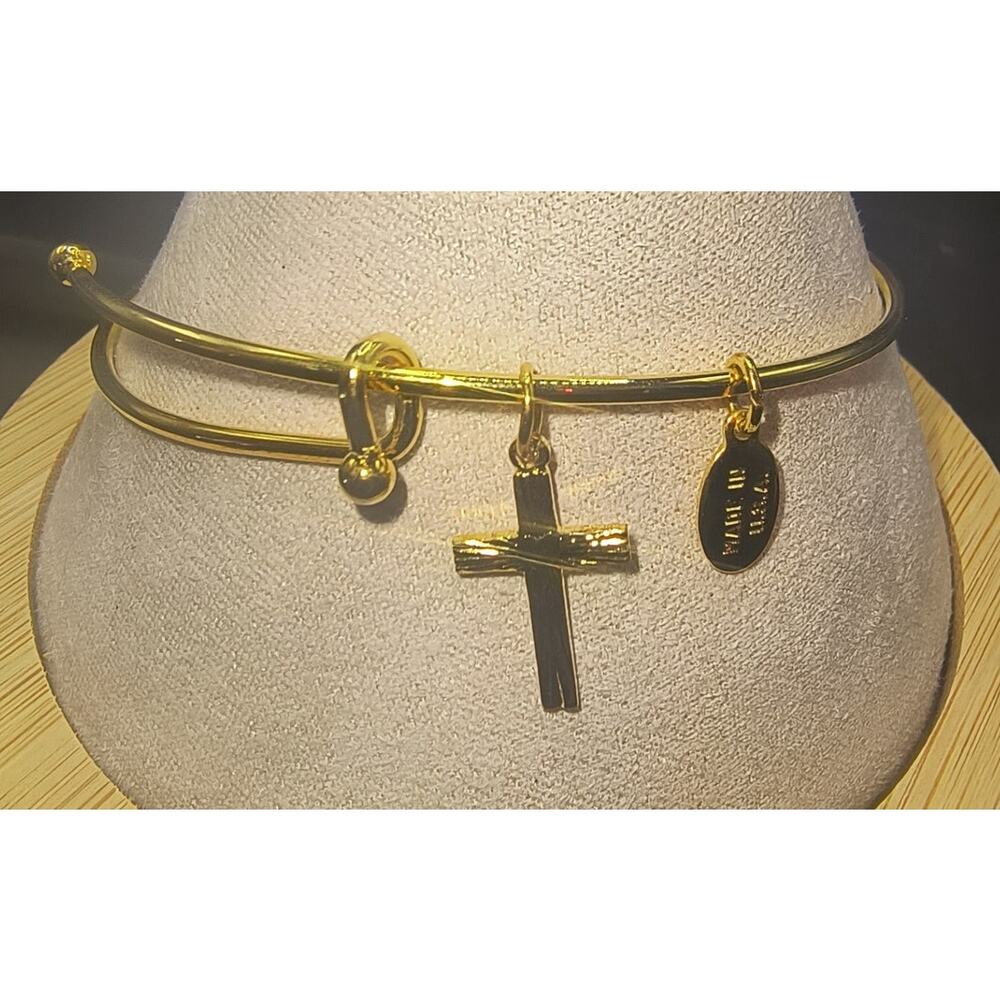 Gold Cross Charm Bangle Bracelet - Alex & Ani - Made in USA - adjustable design